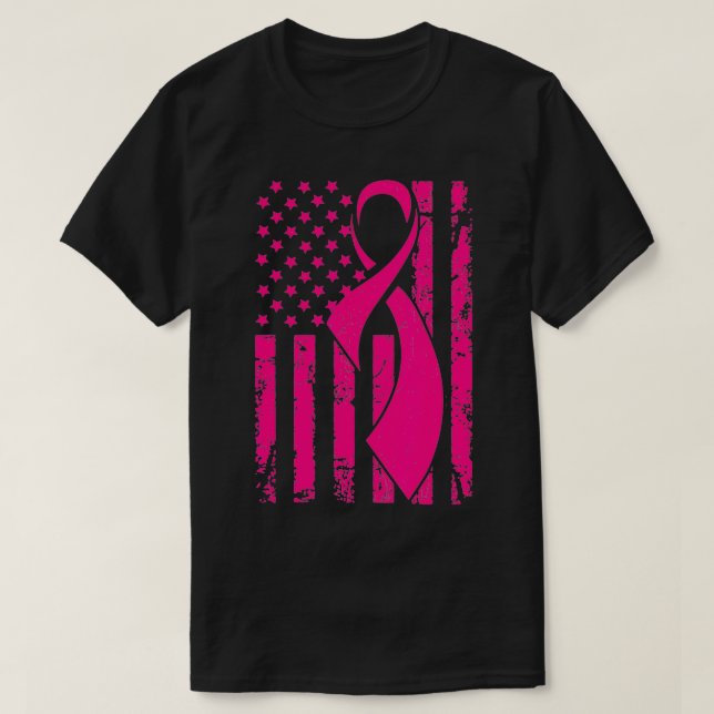 Breast Cancer Awareness  American Flag Distressed  T-Shirt (Design Front)