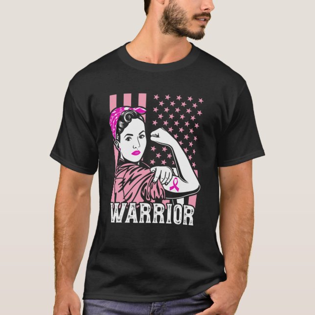 Breast Cancer Awareness American Flag Warrior Mess T-Shirt (Front)