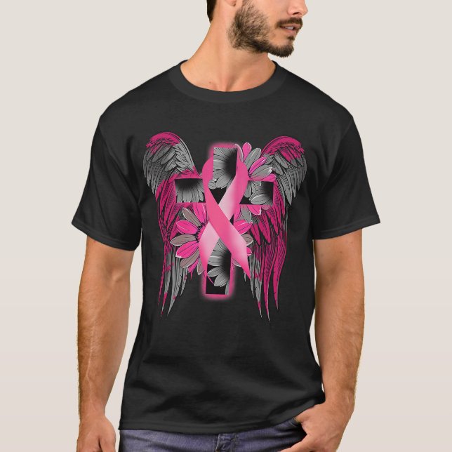 Breast Cancer Awareness Angel Wing Flower Cross Pi T-Shirt (Front)