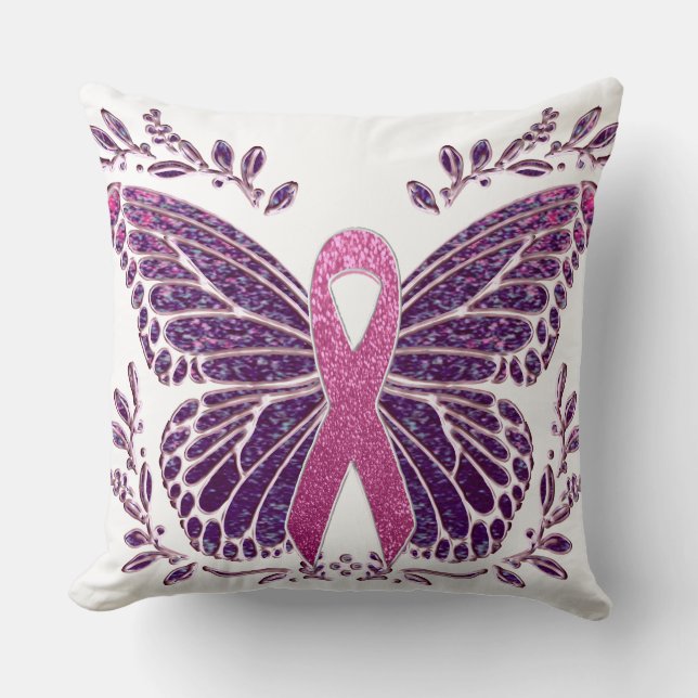 Breast Cancer Awareness Butterfly Floral Border Cushion (Front)