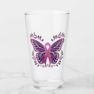 Breast Cancer Awareness Butterfly Floral Border Glass