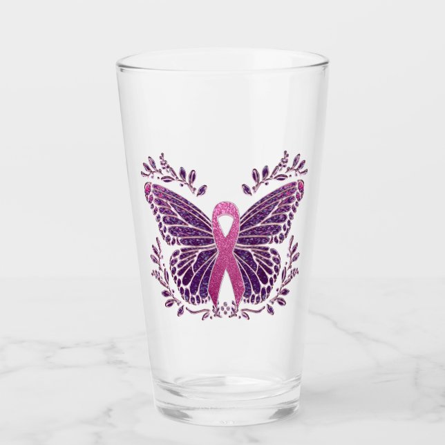 Breast Cancer Awareness Butterfly Floral Border Glass (Front)