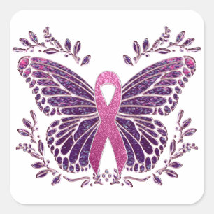 Breast Cancer Awareness Butterfly Floral Border Square Sticker