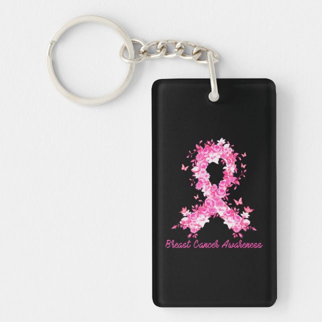 Breast Cancer Awareness Butterfly Floral Pink Key Ring (Front)