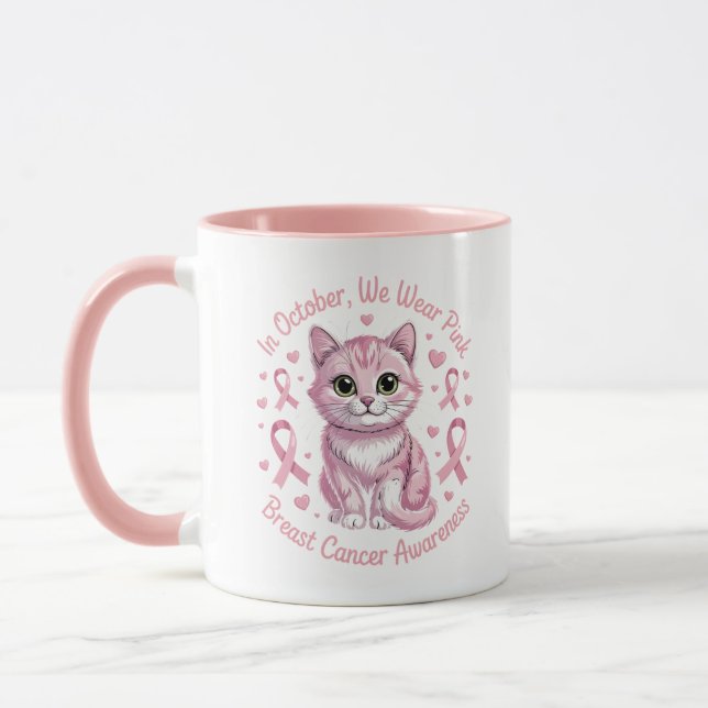 Breast Cancer Awareness Cat in October We Wear Mug (Left)