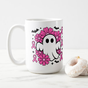 Breast Cancer Awareness Ghost with Pink Flowers Coffee Mug
