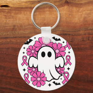 Breast Cancer Awareness Ghost with Pink Flowers Key Ring
