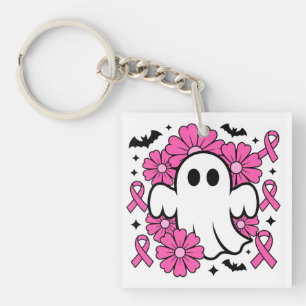 Breast Cancer Awareness Ghost with Pink Flowers Key Ring