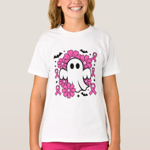 Breast Cancer Awareness Ghost with Pink Flowers T-Shirt