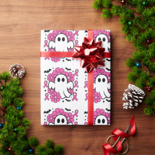 Breast Cancer Awareness Ghost with Pink Flowers Wrapping Paper