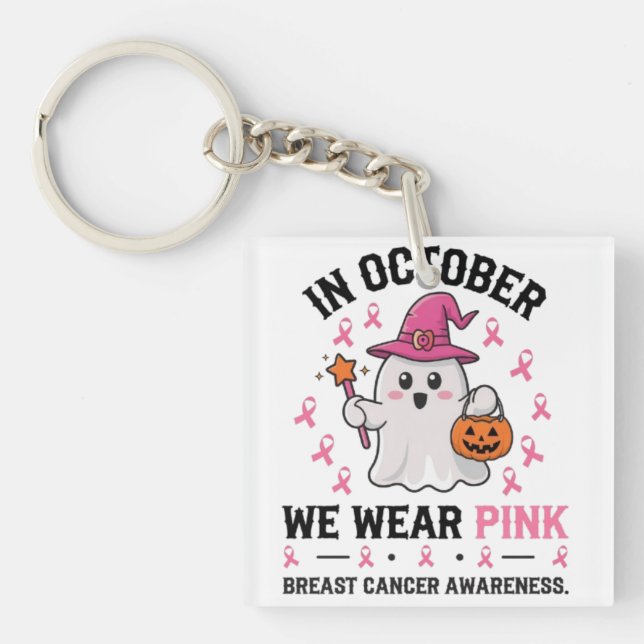 Breast Cancer Awareness Halloween Ghost Design Key Ring (Front)