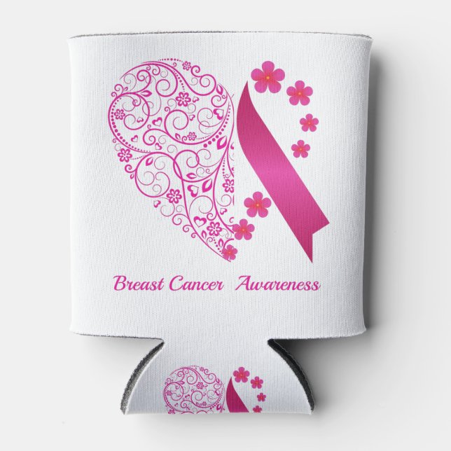 Breast Cancer Awareness Heart Floral Pink ribbon Can Cooler (Front)