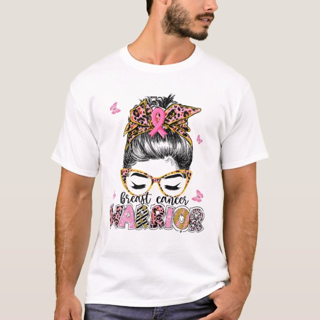 Breast Cancer Awareness Leopard Messy Bun Warrior T-Shirt (Front)