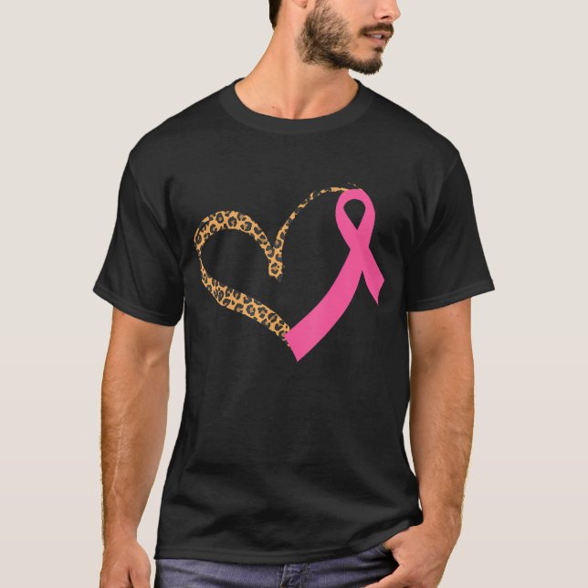 Breast Cancer Awareness Leopard Print Heart Pink T-Shirt (Front)