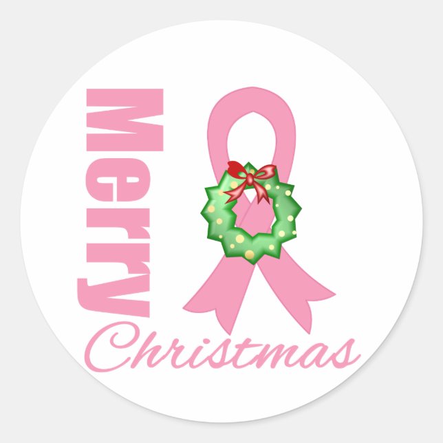 Breast Cancer Awareness Merry Christmas Ribbon Classic Round Sticker (Front)