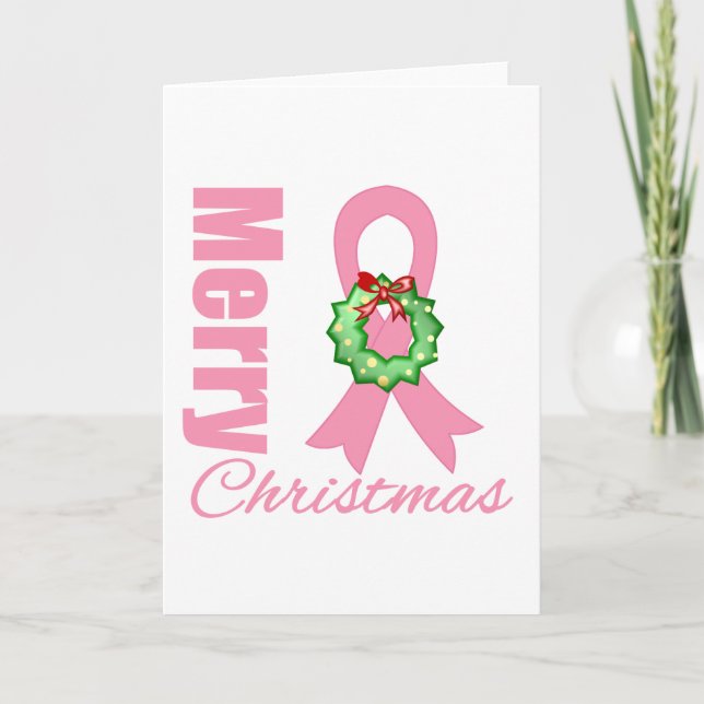 Breast Cancer Awareness Merry Christmas Ribbon Holiday Card (Front)