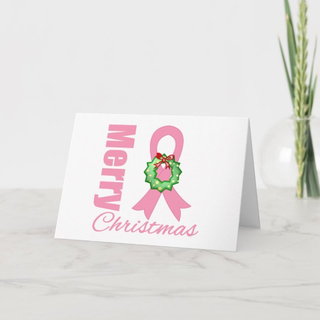 Breast Cancer Awareness Merry Christmas Ribbon Holiday Card (Front)