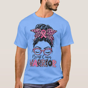 Breast Cancer Awareness Messy Bun Pink Ribbon Leop T-Shirt