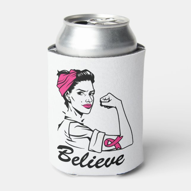 Breast Cancer Awareness Month Women's Believe Pink Can Cooler (Can Front)