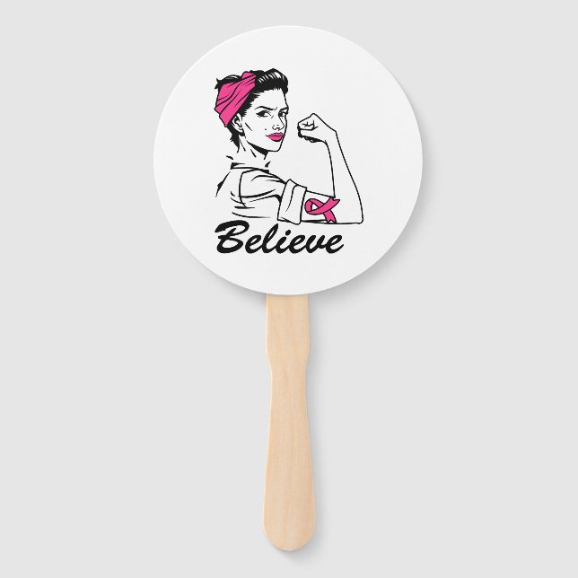 Breast Cancer Awareness Month Women's Believe Pink Hand Fan (Front)