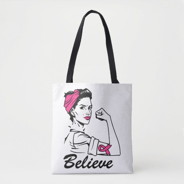 Breast Cancer Awareness Month Women's Believe Pink Tote Bag (Front)