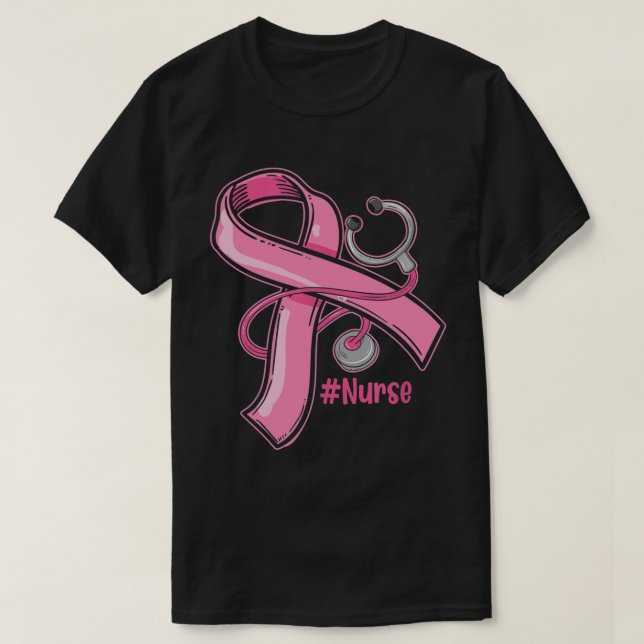 Breast Cancer Awareness Nurse Stethoscope Pink Rib T-Shirt (Design Front)