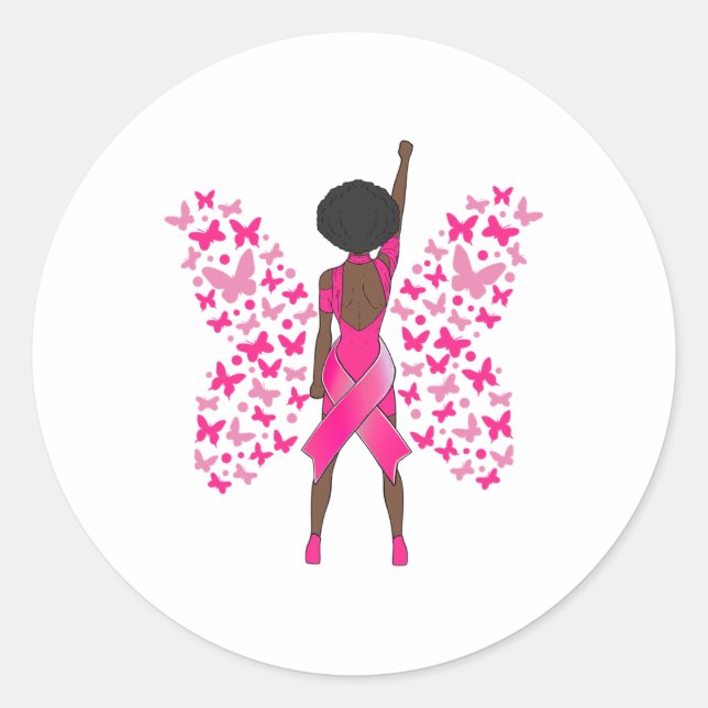Breast Cancer Awareness Pink Butterflies African A Classic Round Sticker (Front)