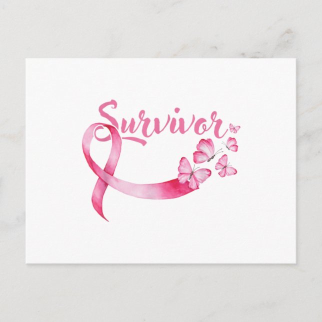 Breast Cancer Awareness Pink Butterflies Ribbon Announcement Postcard (Front)