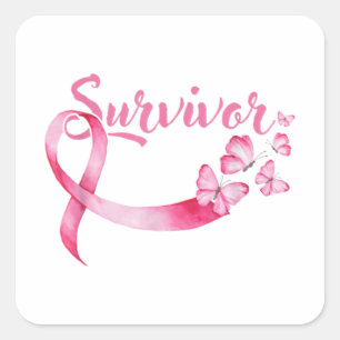 Breast Cancer Awareness Pink Butterflies Ribbon Square Sticker