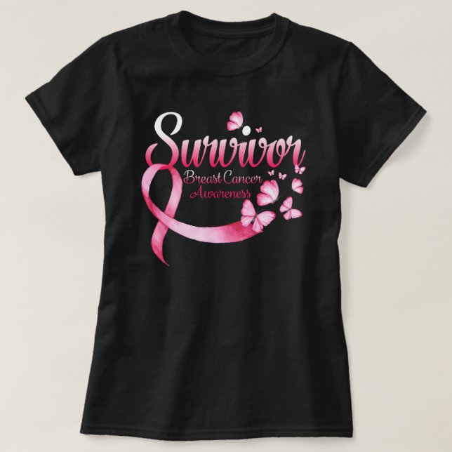 Breast Cancer Awareness Pink Butterflies Ribbon Su T-Shirt (Design Front)