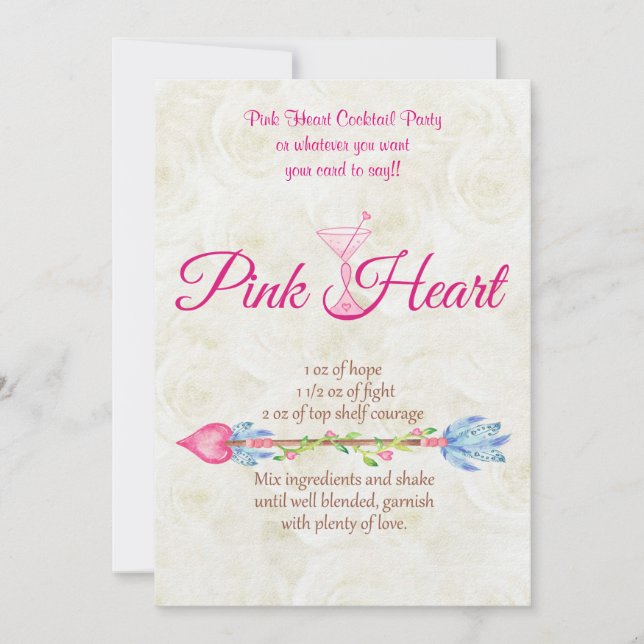 Breast Cancer Awareness Pink Heart Recipe Boho Invitation (Front)