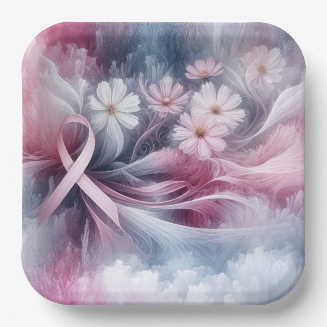 Breast Cancer Awareness Pink Ribbon Abstract Paper Plate (Front)
