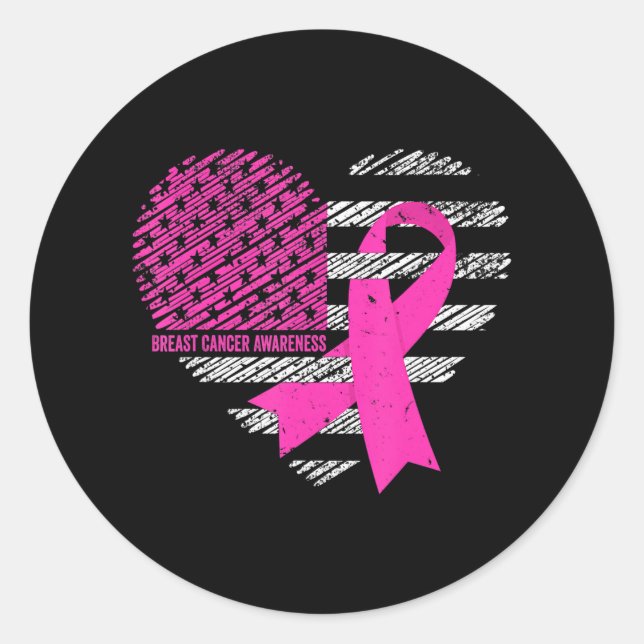 Breast Cancer Awareness Pink Ribbon American Flag Classic Round Sticker (Front)