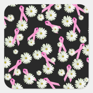 Breast cancer awareness pink ribbon and daisy square sticker