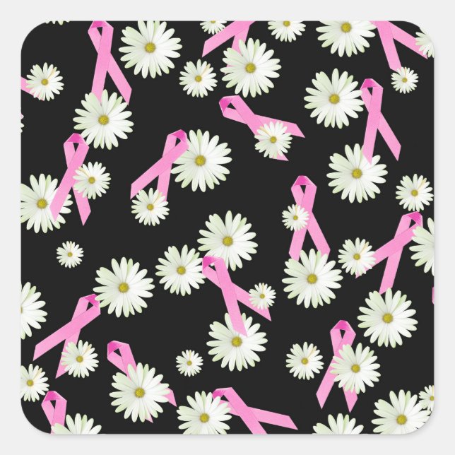 Breast cancer awareness pink ribbon and daisy square sticker (Front)