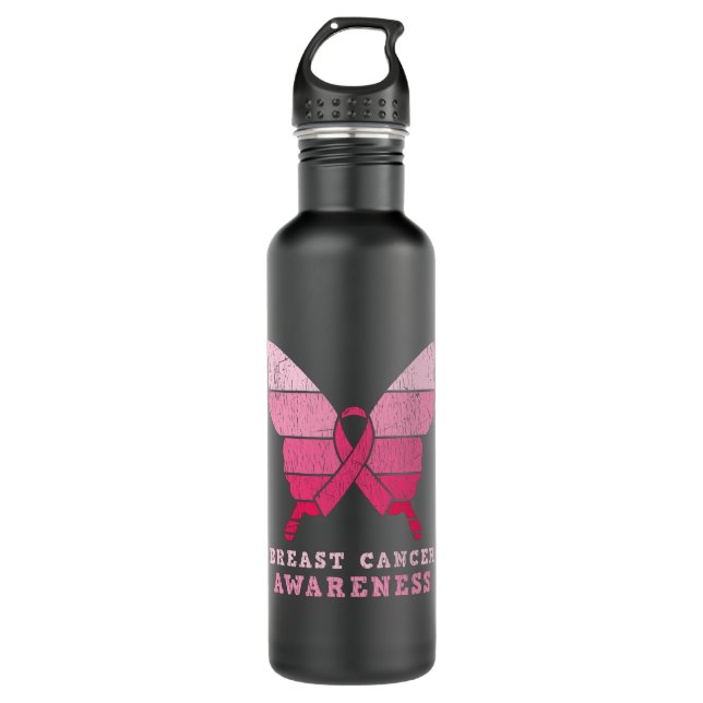 Breast Cancer Awareness Pink Ribbon Butterfly Gift 710 Ml Water Bottle (Front)