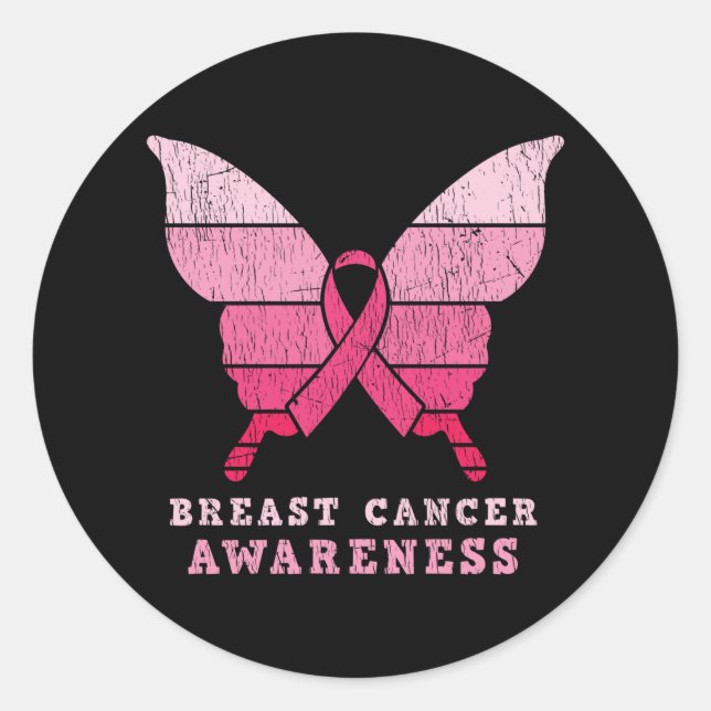 Breast Cancer Awareness Pink Ribbon Butterfly Gift Classic Round Sticker (Front)