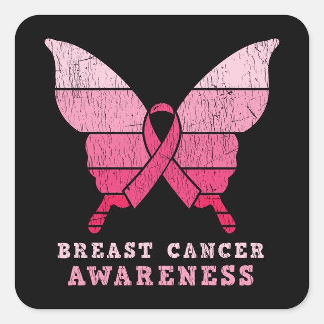 Breast Cancer Awareness Pink Ribbon Butterfly Gift Square Sticker (Front)