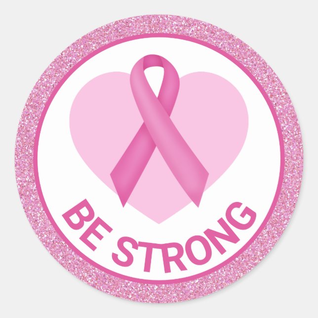 Breast Cancer Awareness Pink Ribbon & Heart Classic Round Sticker (Front)