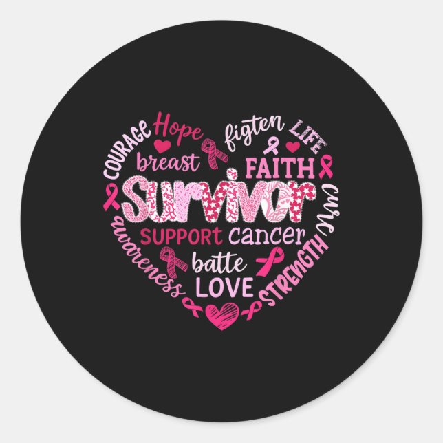 Breast Cancer Awareness Pink Ribbon Heart Survivor Classic Round Sticker (Front)