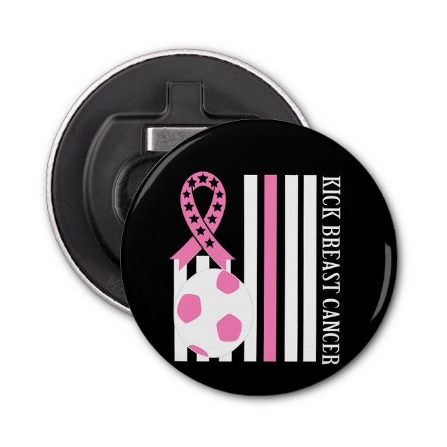 Breast Cancer Awareness Pink Ribbon Pin Button Bottle Opener (Front)