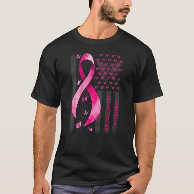 Breast Cancer Awareness Pink Ribbon USA Flag Butte T-Shirt (Front)