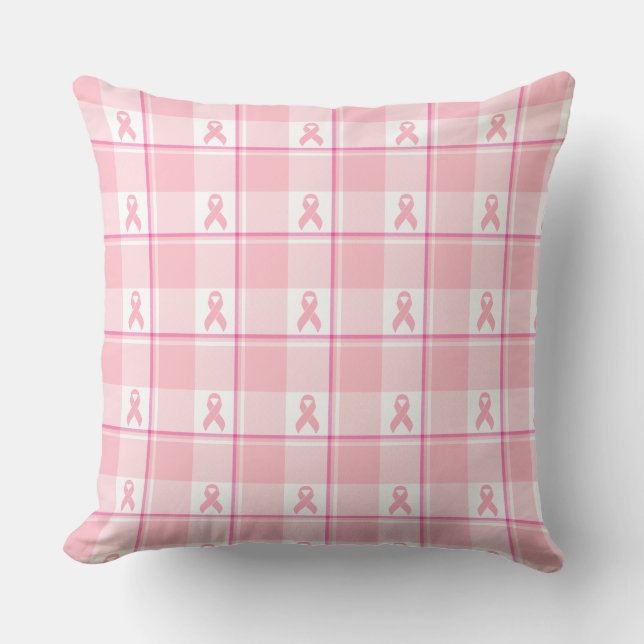 Breast Cancer Awareness Plaid Pink Ribbon Cushion (Front)
