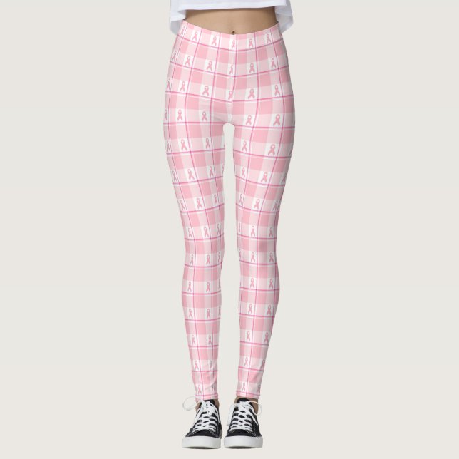 Breast Cancer Awareness Plaid Pink Ribbon Leggings (Front)