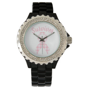 Breast Cancer Awareness Plaid Pink Ribbon Survivor Watch