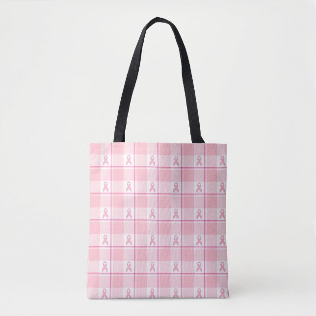 Breast Cancer Awareness Plaid Tote Bag, Pink (Front)
