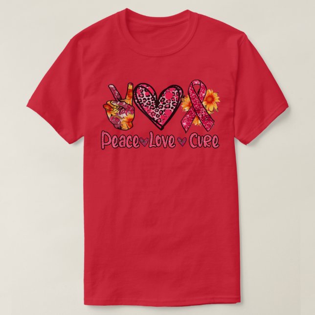 Breast Cancer Awareness Ribbon Pink Peace Love Cur T-Shirt (Design Front)