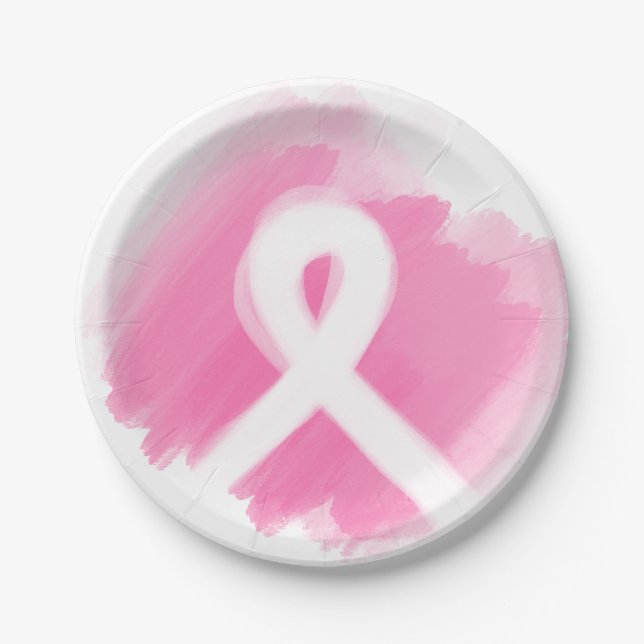 Breast Cancer Awareness Ribbon Watercolor  Paper Plate (Front)