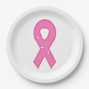 Breast Cancer Awareness Ribbon With Flower Paper Plate