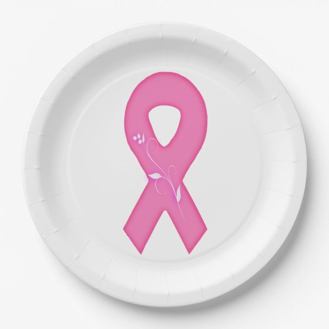 Breast Cancer Awareness Ribbon With Flower Paper Plate (Front)